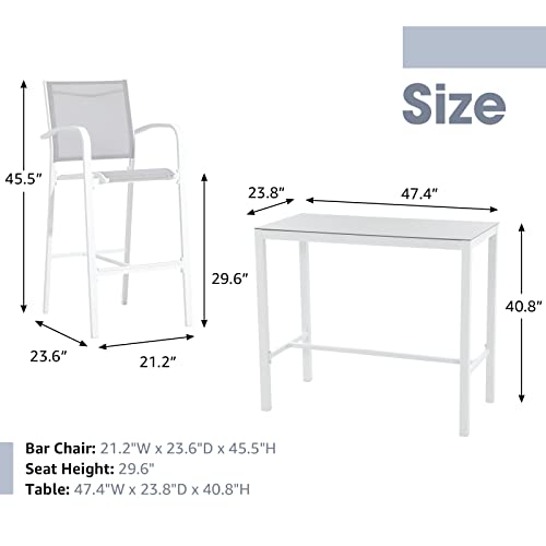 Oc Orange-Casual 5-Piece Patio Bar Set, All-Weather Aluminum Textile Fabric Outdoor High Top Dining Table And Chairs, 4 Metal Bar Height Stools With Glass Top Bar Table, For Porch, Garden, White #TOP5