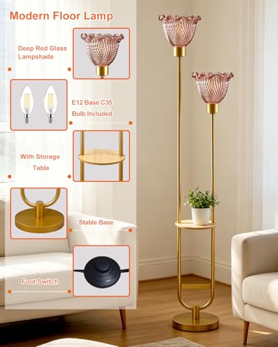 Image of Lightdot 2-Lights Modern Glass Floor Lamp with Table Gold Standing Tall Lamps with Pomegranate Red Glass Shade, LED Floor Lamp with Foot Switch for Living Room Bedroom Home Decor (Bulbs Included)
