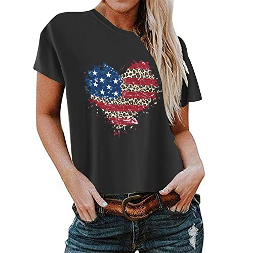 Women Basic Tops Summer Casual Short Sleeve Shirts Hide Belly Tees Tshirts Elastic Blouse Cute Usa Flag Heart Graphic #TOP30