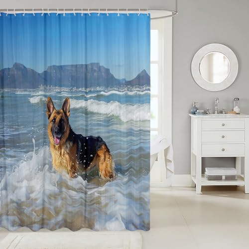 Image of Feelyou German Shepherd Shower Curtain Cute Dog Bathroom Shower Curtain Set for Stalls Bathtubs Ocean Beach Mountain Bath Curtain Hippie Pet Dog Waterproof Bathroom Curtains Room Decor 72x78 Inch