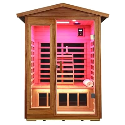 KUNSANA Outdoor Sauna 2 Person Infrared Sauna Far Infrared Saunas for Home 0?5 mg Low EMF Home Sauna Spa Mahogany Wood Sauna Room with Red Light Therapy, Bluetooth Speakers, Chromotherapy Lights