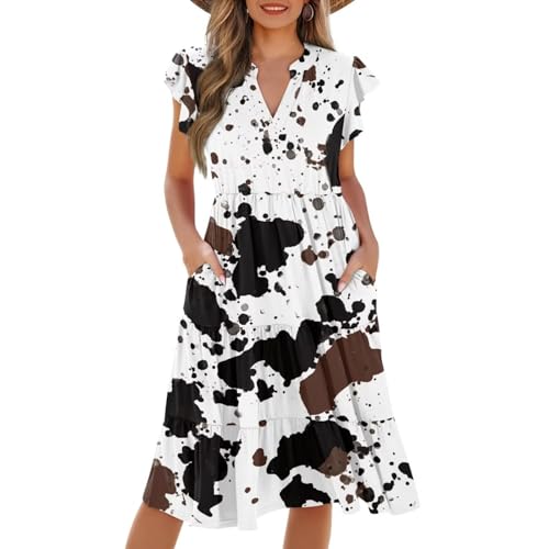 Image of Women's Casual Ruffle Sleeve Dress V Neck Pullover Dress Flowy A-Line Pleated Lightweight Dress with Pockets