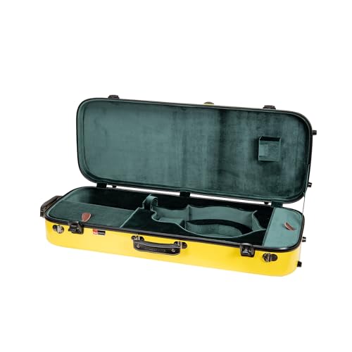 Image of Crossrock Fiberglass Mandolin Case - Oblong for F-Style (Fits Gibson F5) | Yellow Gloss Finish, Forest Green Velvet, TSA Lock, Hygrometer, Backpack Straps - Hard Shell Pro Travel Series