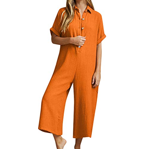 Playsuit Women's Summer Overalls Cotton Casual Loose V Neck Wide Leg Jumpsuits Rompers with Pockets Orange