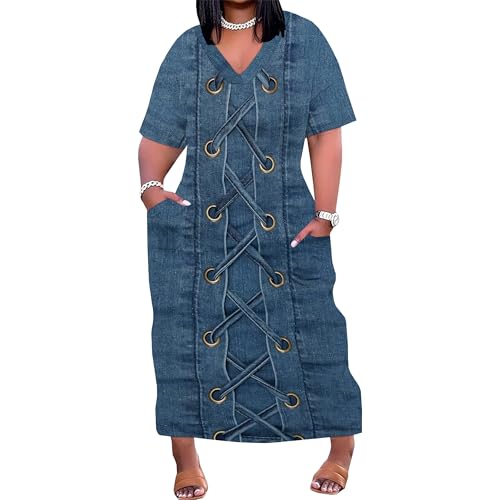Image of SUZONANA Plus Size Denim Print Shirt Maxi Dresses for Curvy Women Casual Blue Jean Summer Outfits Long Short Sleeve Dress with Pockets Patchwork 6XL