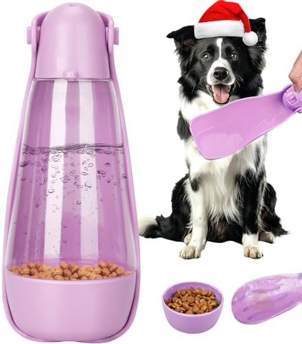 UPSKY Dog Water Bottle | Portable & Foldable Dog Water Bottle | 3-in-1 Portable Pet Water Dispenser with Food Container & Poop Scooper for Outdoor Walking, Hiking & Travel,14.2oz(Pink)