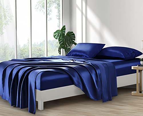 Image of Lanest Housing Silk Satin Sheets, Full Size Satin Bed Sheet Set with Deep Pockets, Cooling Soft and Hypoallergenic Satin Sheets Full - Navy Blue