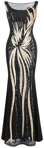 ANGEL FASHIONS Women's Sheer Gold Sequined Black Splicing Evening Dress
