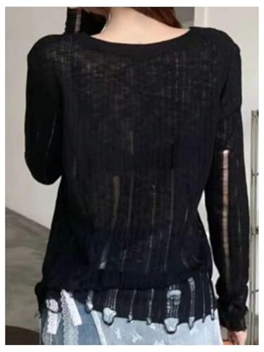 Image of MakeMeChic Women's V Neck Distressed Long Sleeve Sweater Ripped Knit Club Top