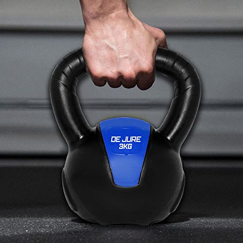 Image of De Jure Fitness PVC Kettlebell 3kg for Men & Women Strength & Cardio Training, Soft Grip, Crushed Concrete Filled, Full Body Workout Equipment for Home & Gym Blue - Black
