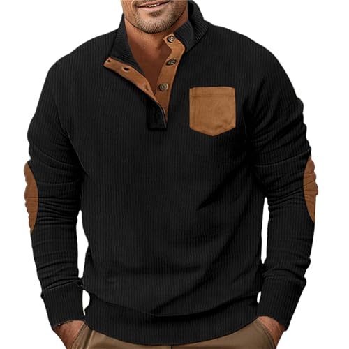 Mens Corduroy Sweatshirts Casual Lapel Collar Solid Henley Shirts Mock Neck Button Polo Pullover Waffle Sweaters