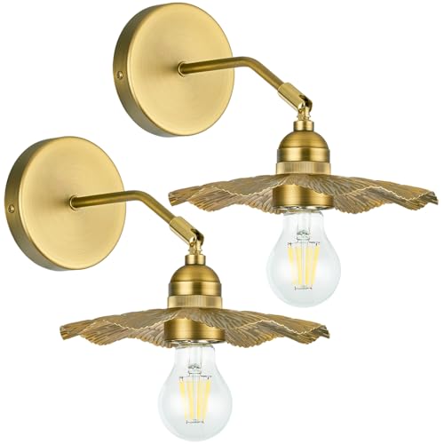 Terleenart Metal Aged Brass Wall Sconce set of 2 pcs with Unique Lotus Leaf Pattern,Home Decor Art Industrial Farmhouse Lighting for Gallery Wall Bathroom Vanity Living Room Hallway Bedside Reading