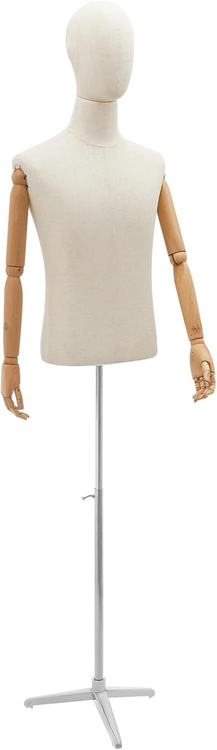 Male Half Body Mannequin Torso with Arm, Dress Form Mannequin Body 53"-76" Height Adjustable Clothing Manikin for Market Shop Window Display (Silver Stand)