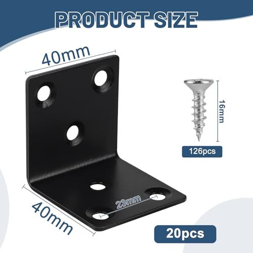 LALAGO 20 Stück Edelstahl Winkelverbinder 40 x 40 x 40mm, Klein Montagewinkel mit 126pcs Schrauben, Metall 90 Grad Klammern Befestigungswinkel zum Befestigen und Reparieren von Möbeln Schwarze