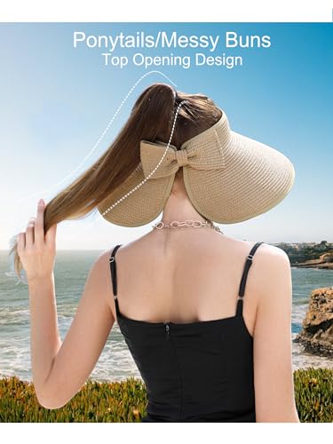 Womens Beach Straw Sun Hats Ponytail Hole Wide Brim Summer Visor Foldable Hat Sun Protection Packable for Travel Pool(One Size,Khaki) - image 3