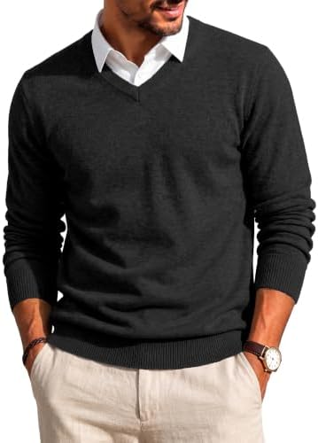 Misfuso Herren Pullover Strickpullover V Ausschnitt Pulli Feinstrick 2 In 1 | Herren Pullover mit V Ausschnitt Strickpullover mit Mock Shirt Kragen Feinstrick Winterpullover 2 in 1