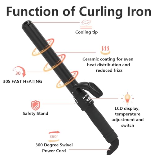 1-1/4 Inch Curling Iron - Ceramic Curling Iron, Fast Heat Function LCD Display 180°F-450°F Adjustable, Long Lasting Beach Waves, Dual Voltage Curler, Heat Resistant, Black - Image 3