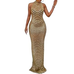 PORRCEY Women’s Sexy Elegant Rhinestone Mesh See Through Bodycon Party Club Night Prom Dress