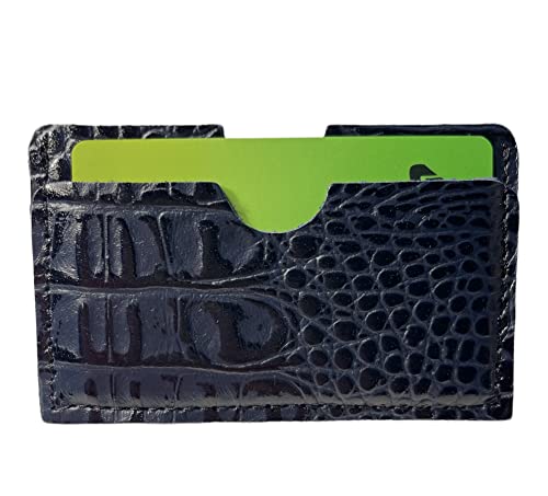 Real Leather Credit Card Holder - Handmade 100% Genuine Cow Leather Business Card Case Embossed Reptile Pattern - Dark Blue Caiman2