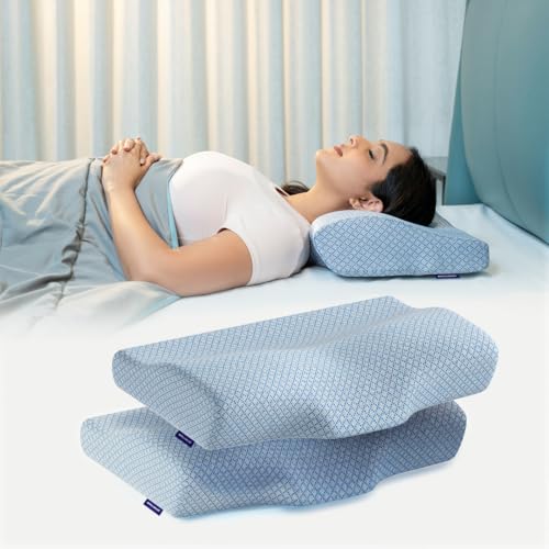 Image of WELLGIVER Cervical Memory Foam Pillow for Neck Pain | 2 Year Warranty | 19 x 11 x 4 Inch Standard | Orthopedic Pillow Spondylitis Neck & Shoulder Pain | Washable Jacquard Blue Cover | Pack of 2