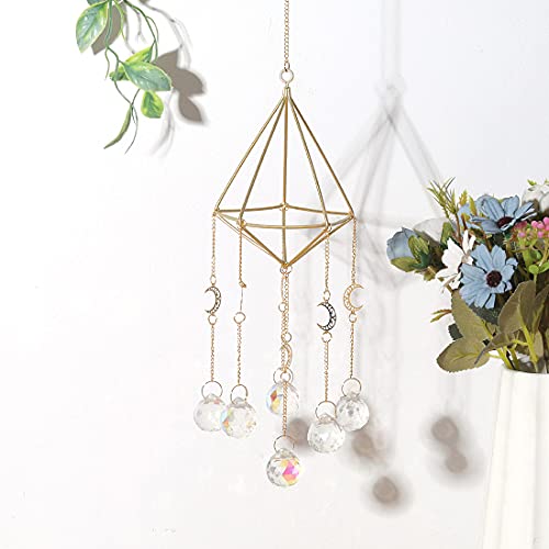 Gold Crystal Suncatcher Glass Rainbow Maker Crystal Light Catcher Gold Moon AB Coat Crystal Prisms Ball Hanging Ornament Pendant Rainbow Maker Window Decor Gift - Thumbnail 2