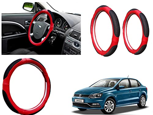 Image of Microfiber Car Steering Wheel Cover, Soft Padding Great Hand Feel, Anti-Slip, Faux Leather Steering Cover for Volkswagen Ameo | Black Red Jali - Pack of 1