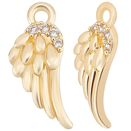 Beebeecraft 1 Box 10Pcs Angel Wing Charms 14K Gold Plated Feathers Charm Pendant with Clear Cubic Zirconia for DIY Bracelet Necklace