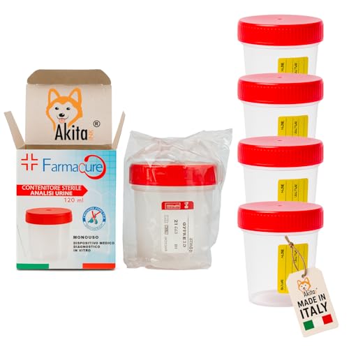 Akitaink - Set 4 Contenitori Urine Sterili 120 ml | Tappo a Vite e Etichetta | Vasetti Monouso per Analisi e Urinocoltura | Confezionati Singolarmente in scatolo singolo | Made in Italy