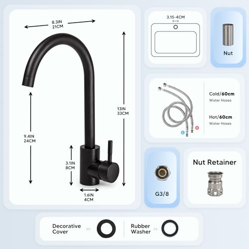 Miniatura 5 de Virklyee Grifos Para Fregadero Grifo De Cocina De Una Sola Palanca, Grifo De Cocina Para Acero Inoxidable, Giratorio 360, Para Agua Caliente Y Fría, En Forma De C Negro