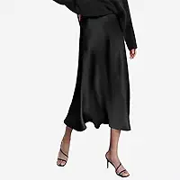 Saia de cetim feminina, comprimento midi elegante de cintura alta, design rodado