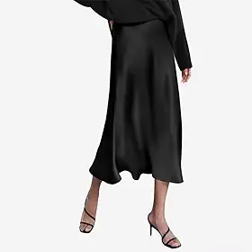 Saia de cetim feminina, comprimento midi elegante de cintura alta, design rodado