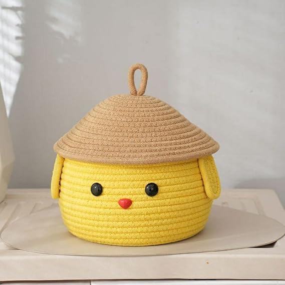 cute jute basket with lid storage baskets for bathroom living room & kitchen organiser box vanity box first aid box (pack of 1) 25x20cm yellow & beige