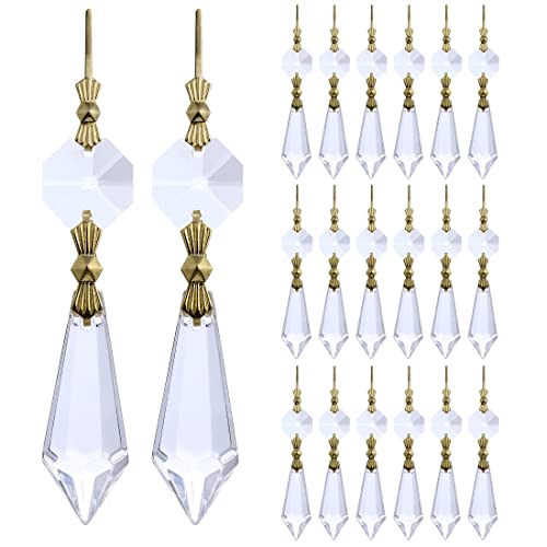 HDCRYSTALGIFTS 20Pcs 38mm Replacement Clear Chandelier Icicle Crystal Prisms Octogan Crystal Bead for Lamp Decor,Gold Bow Tie Connectors