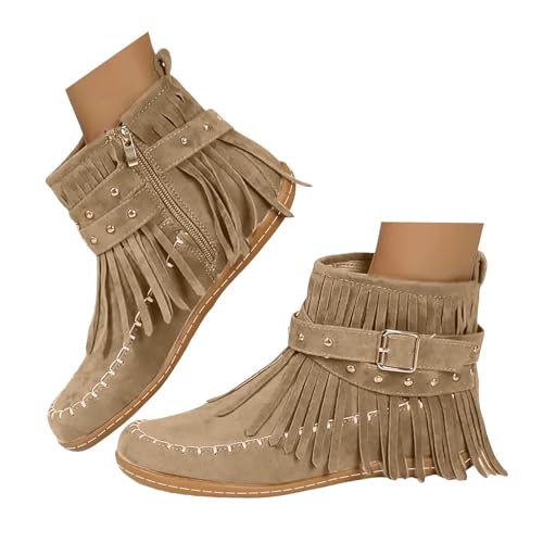 Ankle Boots for Women,Women's Fringe Ankle Boot Round Toe Flats,Winter Warm Fashionable Western Outdoor Short Boot with Zipper Non Slip Boots for Women,Fall Booties for Woman 2025