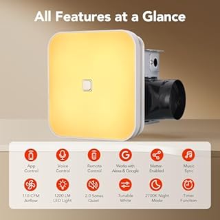 OREiN Matter Smart Bathroom Exhaust Fan with Light, 110 CFM Quiet Bathroom Fan, Tunable White 2700K–6500K & RGB Mood Lighting, Easy Installation, Remote Control, No Speaker, Works with Alexa & Google