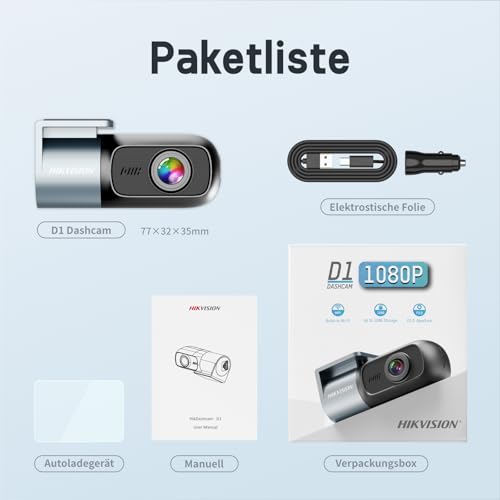 Hikvision Dashcam Auto, 1080P FHD Dash cam mit Nachtsicht, WiFi-App-Steuerung, G-Sensor, Loop-Aufnahme, 360° Drehbare Mini Auto Kamera, erweiterbar bis 256GB – Sichere Fahrten bei Tag und Nacht (D1)