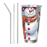 Vaso térmico de acero inoxidable con tapa y pajita, 20 onzas, doble pared aislada al vacío, para portavasos de coche, con diseño de muñeco de nieve y pájaros, taza de viaje