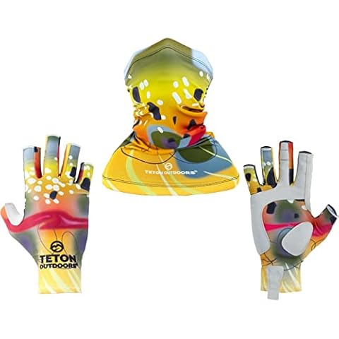 Teton Outdoors Fingerless Fishing Gloves and Neck Gaiter Set UPF50+ Sun Protection for Men & Women Fly Fishing Kayaking Paddling Hiking (Golden Trout, Small/Med) Cover
