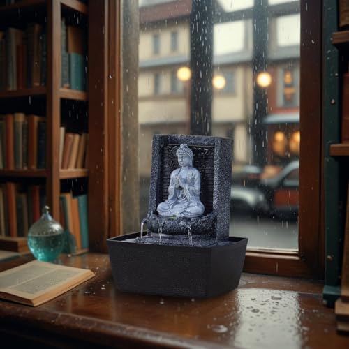 Zen'Light - Zimmerbrunnen Nirvana - Wasserfall mit Buddha & Weißer LED-Beleuchtung - Moderne Zen Deko, Ideal für Meditation & Entspannung - Feng Shui - H 26cm, Grau
