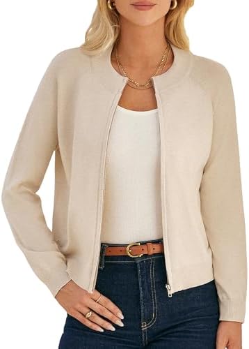 GRACE KARIN Zip Up Sweaters for Women Lightweight Fall Jackets Long Sleeve Knit Fall Cardigans for Women 2025 Beige M
