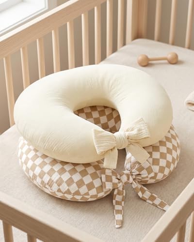 DILIMI Muslin Nursing Pillow Cover 2 Pack, Removable Nursing Cover for Breastfeeding Pillows, Adjustable Extended Strap, Soft Comfortable Slipcover for Baby Girl and Boy, Beige and Brown Gingham — 사진 5