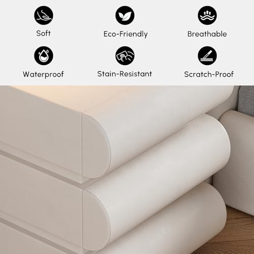 homary Smart Nightstand with Wireless Charging, USB & Type-C Ports – Modern Off White Faux Leather Nightstand with 3 Drawers, Bedside Table with Charging Station for Bedroom