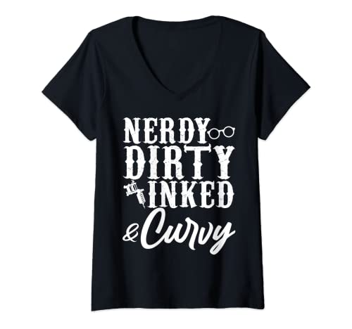 Womens Funny Nerdy Dirty Inked & Curvy Gift Cool Inked Tattoo Lover V-Neck T-Shirt