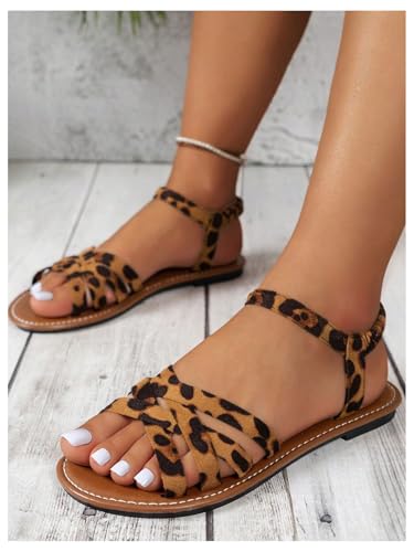 GORGLITTER Women's Leopard Print Flat Sandals Cheetah Criss Cross Strappy Open Toe Ankle Strap Dressy Sandal4
