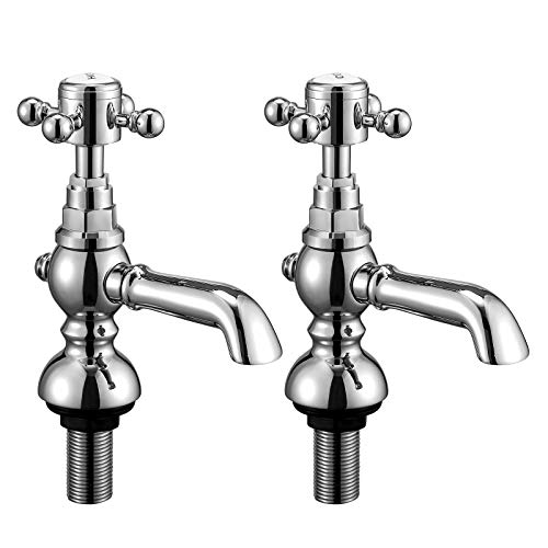 Wasserrhythm Basin Taps Pair Waterfall Victoria Traditional Twin Bathroom Sink Taps in Pair Two Basin Pillar Tap Classic Cross Lever Chrome Brass