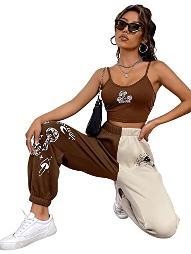 Sweatyrocks Women's Two Piece Outfits For Women Crop Top High Waist Color Block Sweatpants Two Piece Clubwear Sets Brown L #TOP3