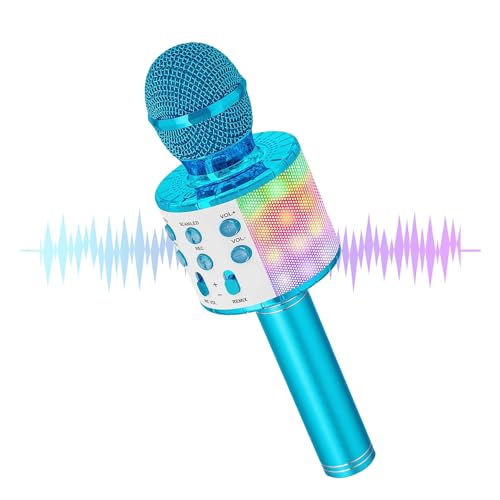 Wireless Karaoke Microphone, 5 in 1 Portable Bluetooth Microphone Kids, with Colored LEDs. Karaoke Mic, for Mobile Phone/Android/TV, for Gifts for Girls, Children and Adults of All Ages (Blue)