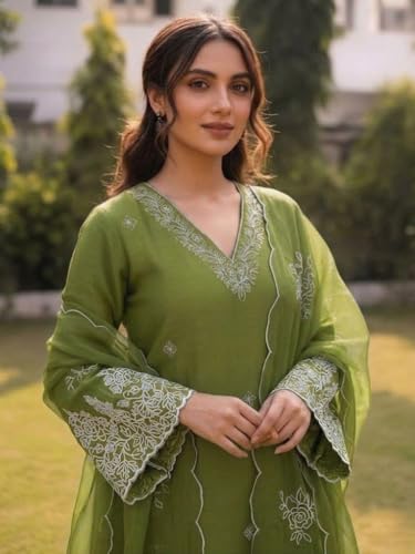 Image of SHIENZY Women's Embroidered Kurta Pant Set with Dupatta | Straight Kurta Set for Women | Ethnic Kurta Set for Women, Traditional Indian Kurta Pant Dupatta Set