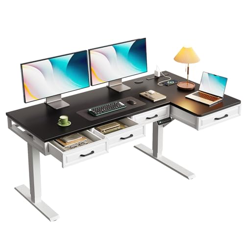 OffiGo L Shaped Electric Standing Desk with Wooden Drawers, 55 Inch Height Adjustable Corner...