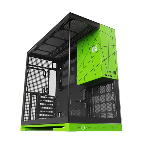 Image of Geometric Future M5 Tempered Glass Mid Tower, E-ATX /ATX Gaming Case, 1.2mm Steel, Type C, Toolless Panels, Support 420 /360 Radiator, Dual-Chamber, Black /Green, GEO-M5-BNY